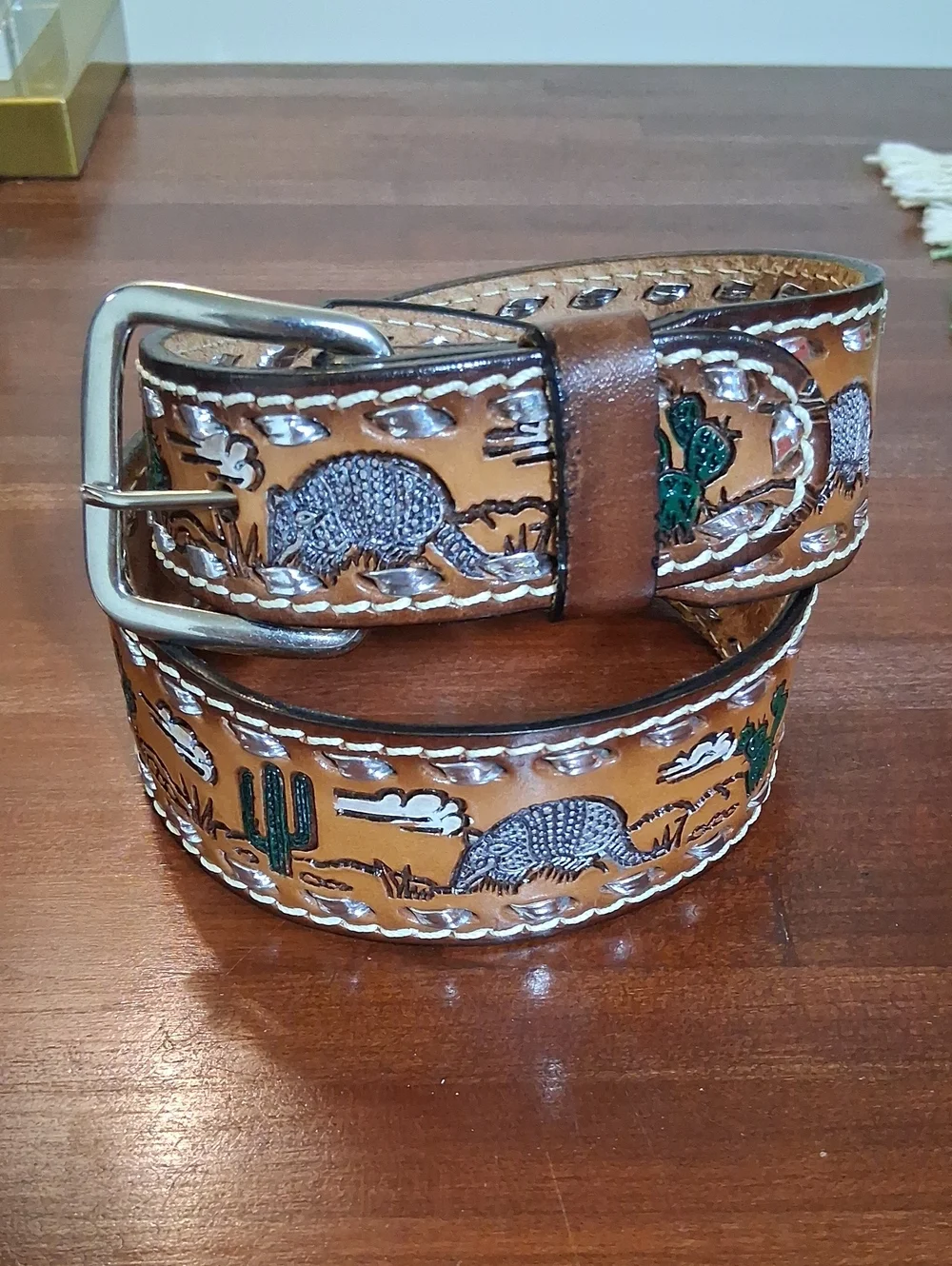 Mallory Western Belt 28 Brown Leather Silver Lacing Tooled Painted Armadillo